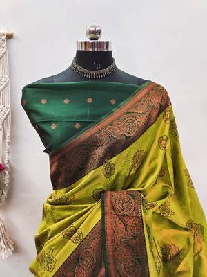 Lemon green silk blend banarasi saree with unstitched blouse piece 2