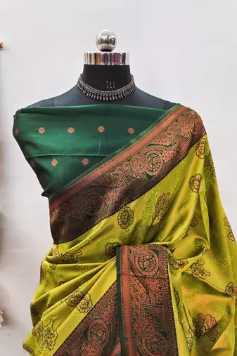 Lemon green silk blend banarasi saree with unstitched blouse piece
