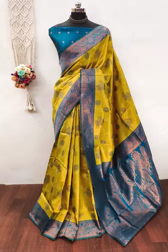Lemon morpich soft silk blend banarasi jacuard work designer party wear saree with unstitched blouse piece