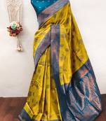 Lemon morpich soft silk blend banarasi jacuard work designer party wear saree with unstitched blouse piece