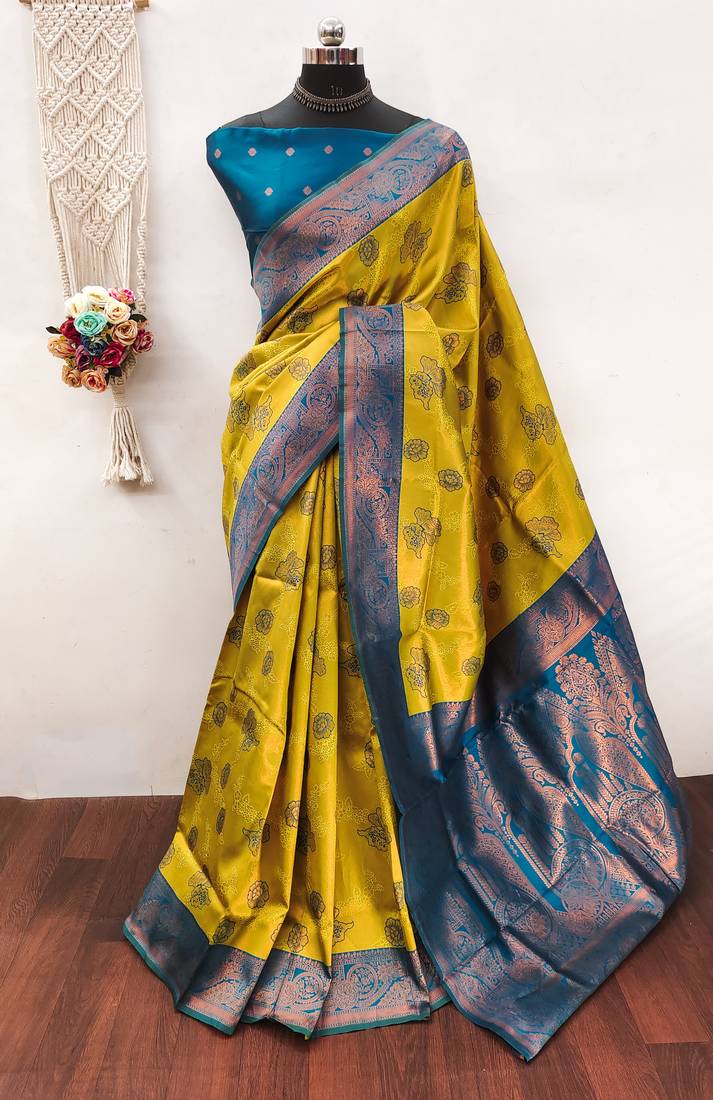 Lemon morpich soft silk blend banarasi jacuard work designer party wear saree with unstitched blouse piece