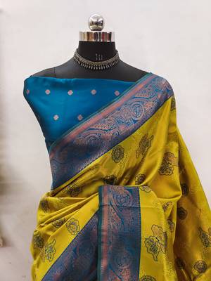 Lemon morpich silk blend banarasi saree with unstitched blouse piece 2