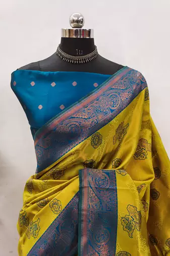 Lemon morpich silk blend banarasi saree with unstitched blouse piece
