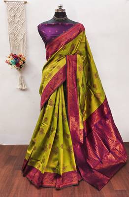Lemon wine silk blend banarasi saree with unstitched blouse piece 1