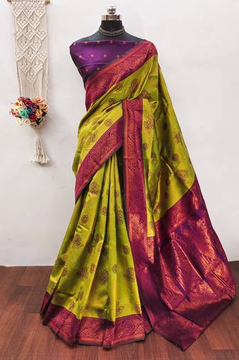Lemon wine soft silk blend banarasi jacuard work designer party wear saree with unstitched blouse piece