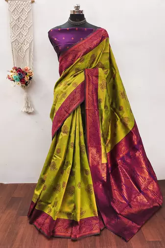 Lemon wine soft silk blend banarasi jacuard work designer party wear saree with unstitched blouse piece