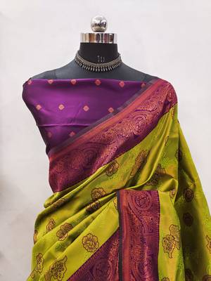 Lemon wine silk blend banarasi saree with unstitched blouse piece 2