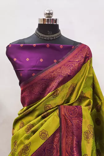 Lemon wine silk blend banarasi saree with unstitched blouse piece