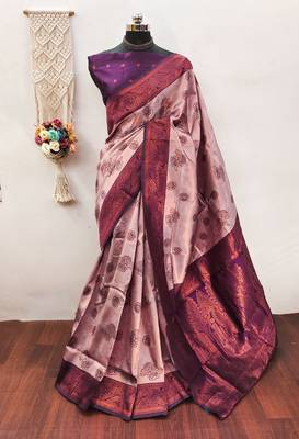 Peach wine silk blend banarasi saree with unstitched blouse piece 1