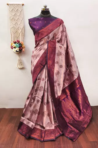 Peach wine   soft silk blend banarasi jacuard work designer party wear saree with unstitched blouse piece