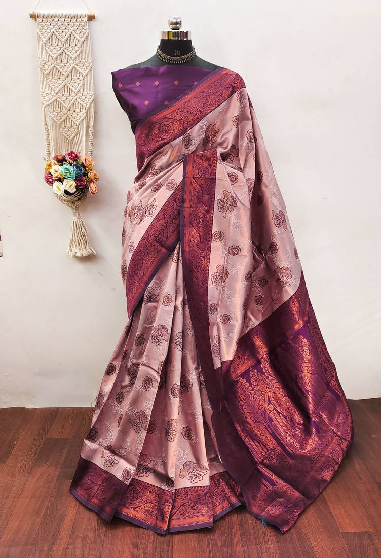 Peach wine   soft silk blend banarasi jacuard work designer party wear saree with unstitched blouse piece