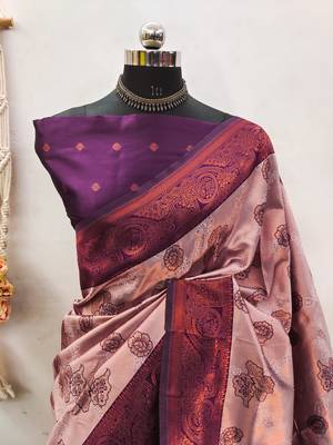 Peach wine silk blend banarasi saree with unstitched blouse piece 2