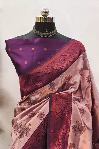 Peach wine silk blend banarasi saree with unstitched blouse piece