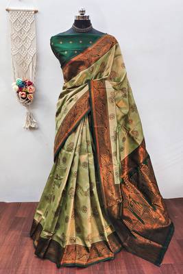 Pista green silk blend banarasi saree with unstitched blouse piece 1
