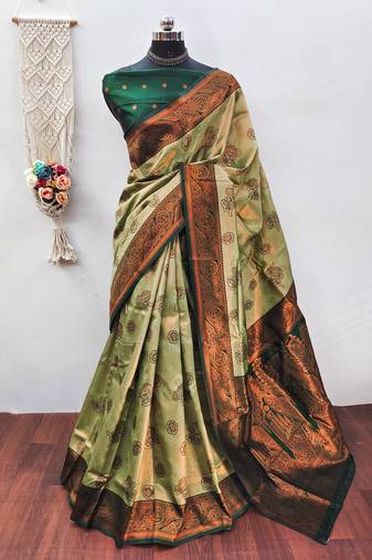 Pista green  soft silk blend banarasi jacuard work designer party wear saree with unstitched blouse piece