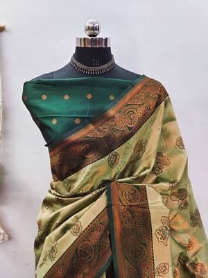 Pista green silk blend banarasi saree with unstitched blouse piece 2