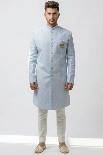 ice blue textured fabric groom sherwani with mandarin collar