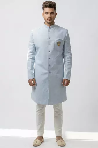 ice blue textured fabric groom sherwani with mandarin collar