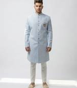 ice blue textured fabric groom sherwani with mandarin collar
