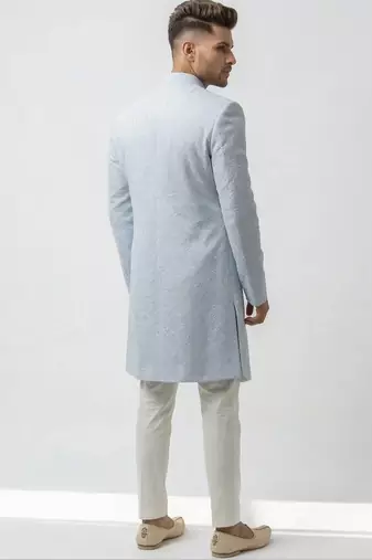 ice blue textured fabric groom sherwani with mandarin collar