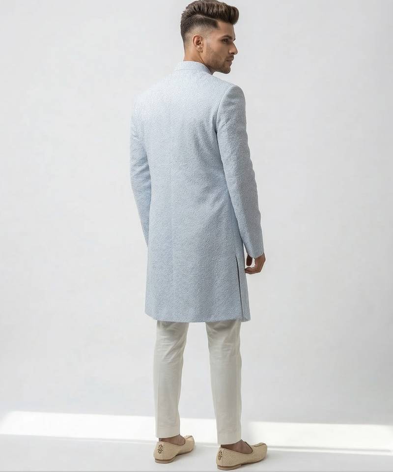 ice blue textured fabric groom sherwani with mandarin collar