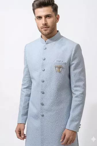 ice blue textured fabric groom sherwani with mandarin collar