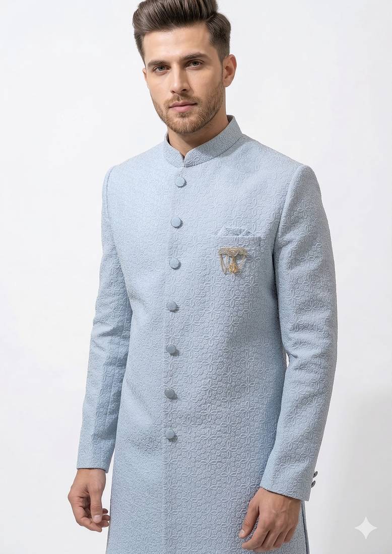 ice blue textured fabric groom sherwani with mandarin collar