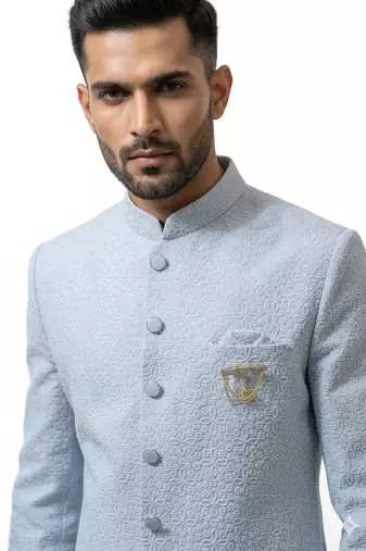 ice blue textured fabric groom sherwani with mandarin collar