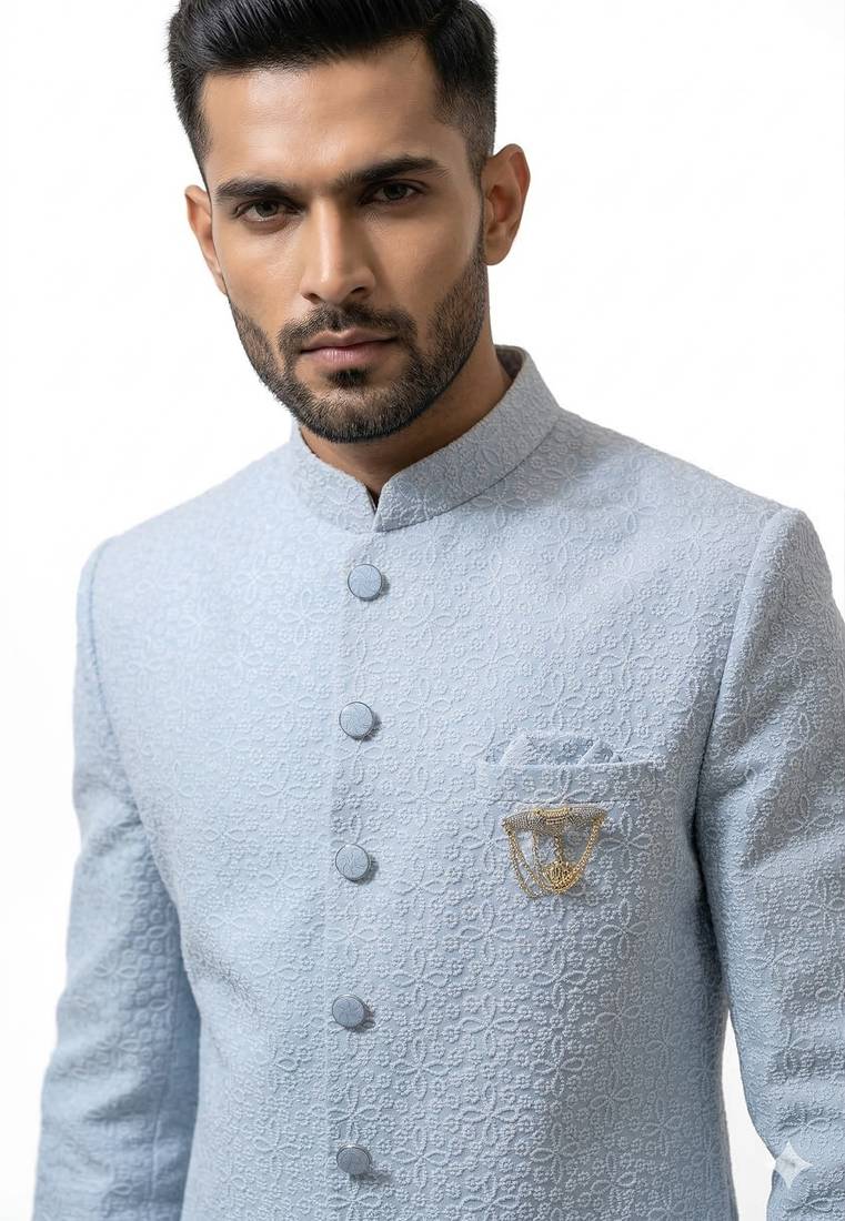 ice blue textured fabric groom sherwani with mandarin collar