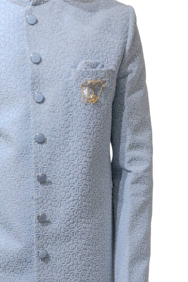 ice blue textured fabric groom sherwani with mandarin collar
