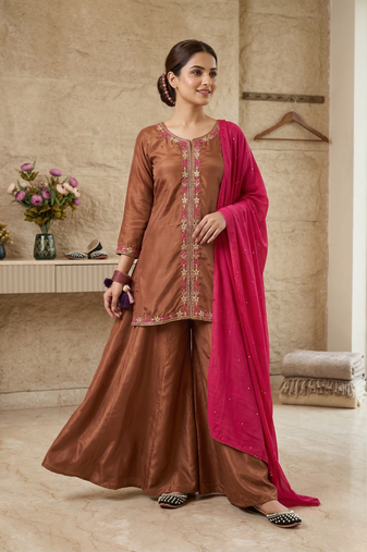 Elegant brown kurta palazzo set with pink dupatta