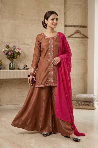 Elegant brown kurta palazzo set with pink dupatta