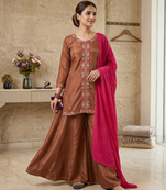 Elegant brown kurta palazzo set with pink dupatta