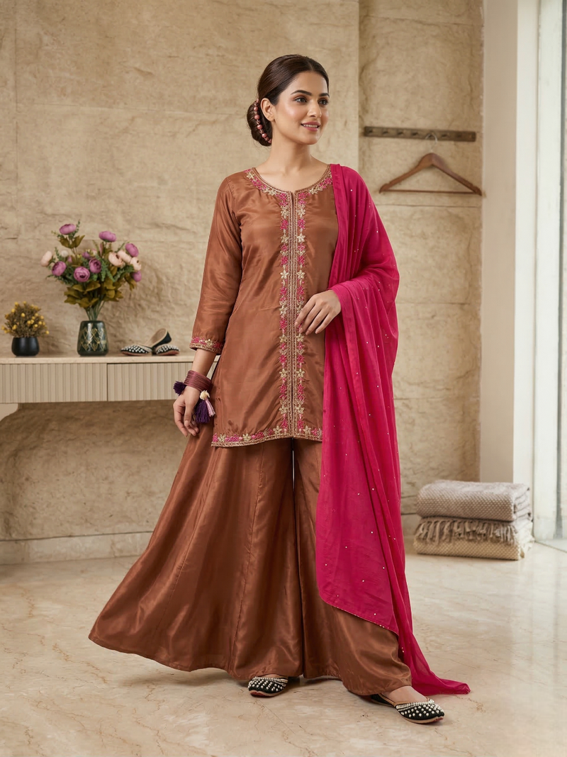 Elegant brown kurta palazzo set with pink dupatta