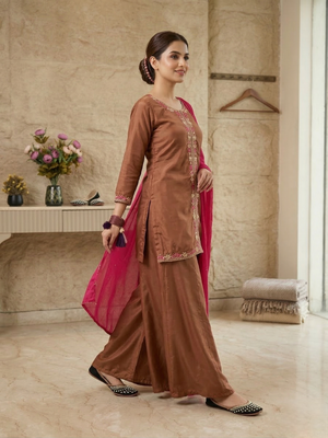 Elegant brown kurta palazzo set with pink dupatta 2