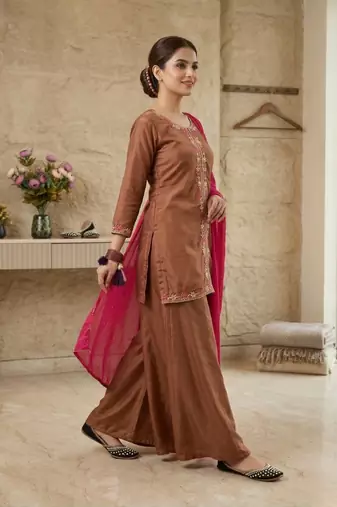 Elegant brown kurta palazzo set with pink dupatta