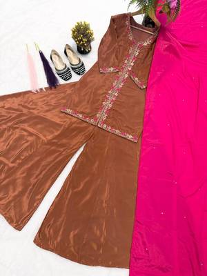 Elegant brown kurta palazzo set with pink dupatta 3