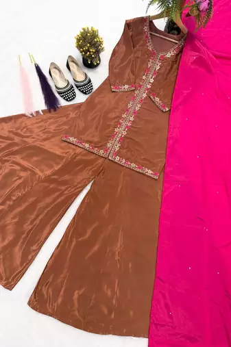 Elegant brown kurta palazzo set with pink dupatta