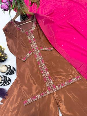 Elegant brown kurta palazzo set with pink dupatta 4