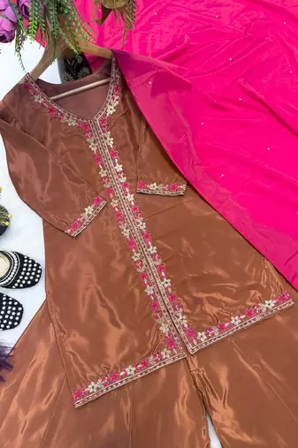 Elegant brown kurta palazzo set with pink dupatta