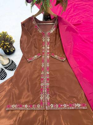 Elegant brown kurta palazzo set with pink dupatta 5