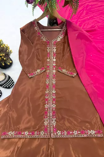 Elegant brown kurta palazzo set with pink dupatta