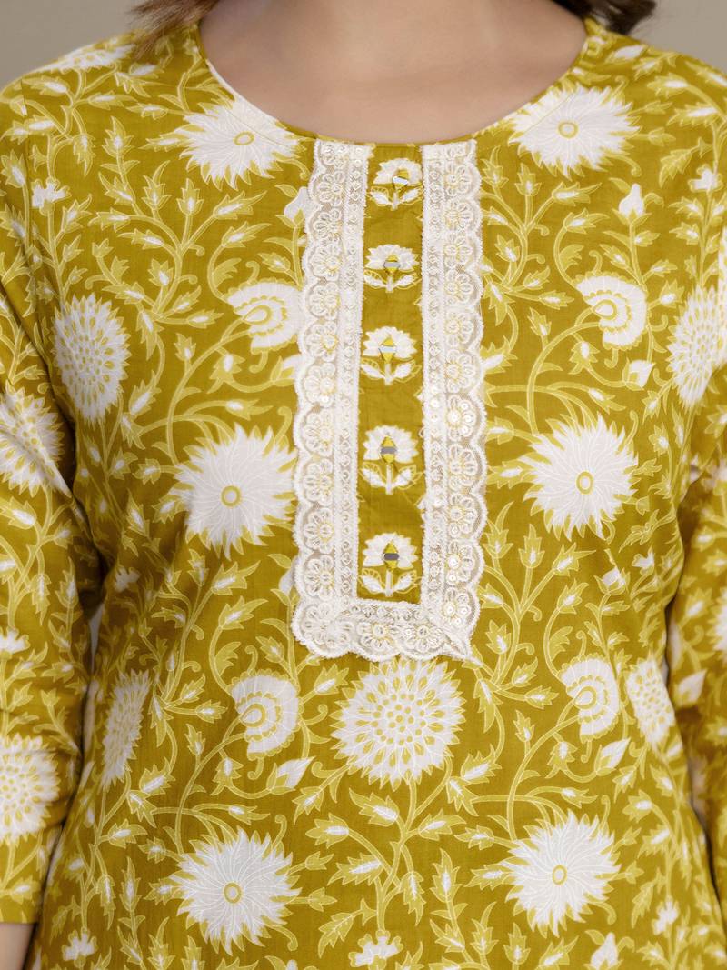 Yellow cotton thread embroidery readymade suits