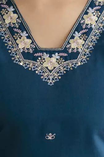 Teal blue chanderi thread embroidery readymade suits