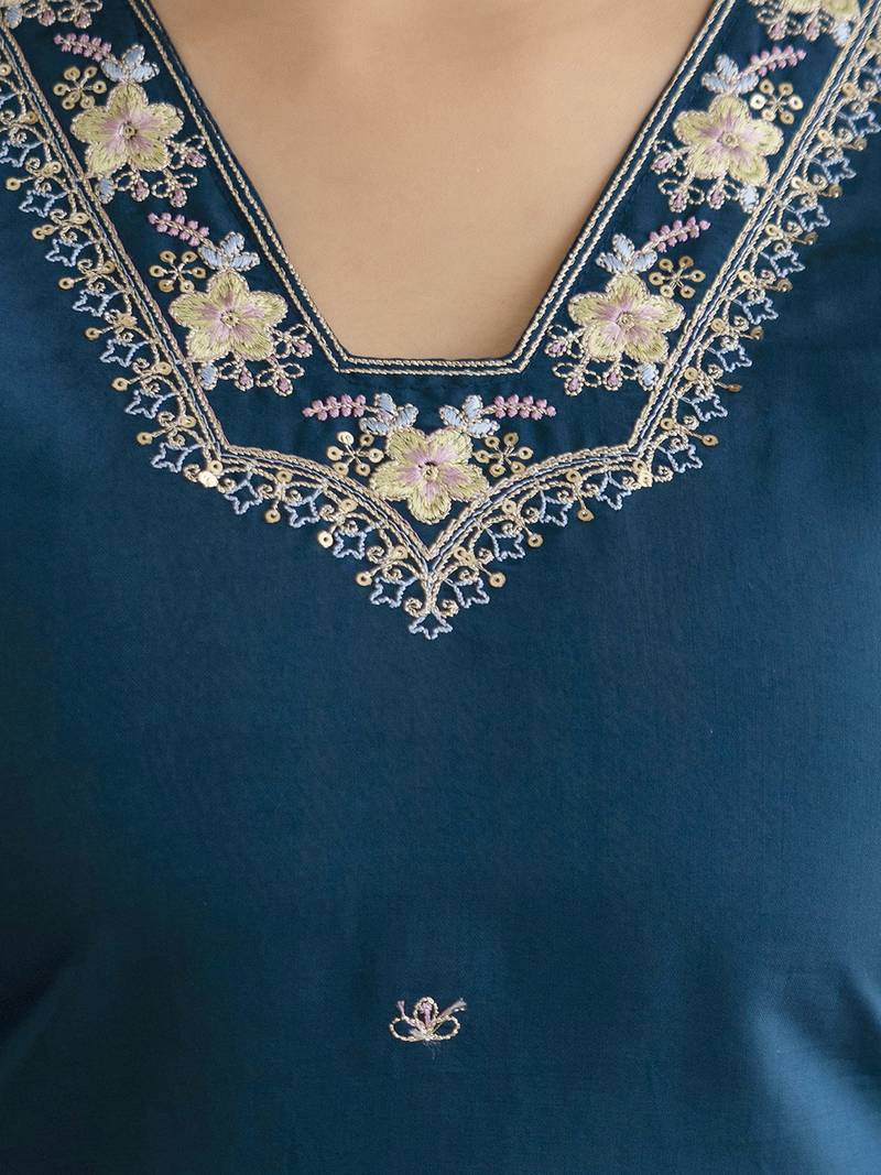 Teal blue chanderi thread embroidery readymade suits