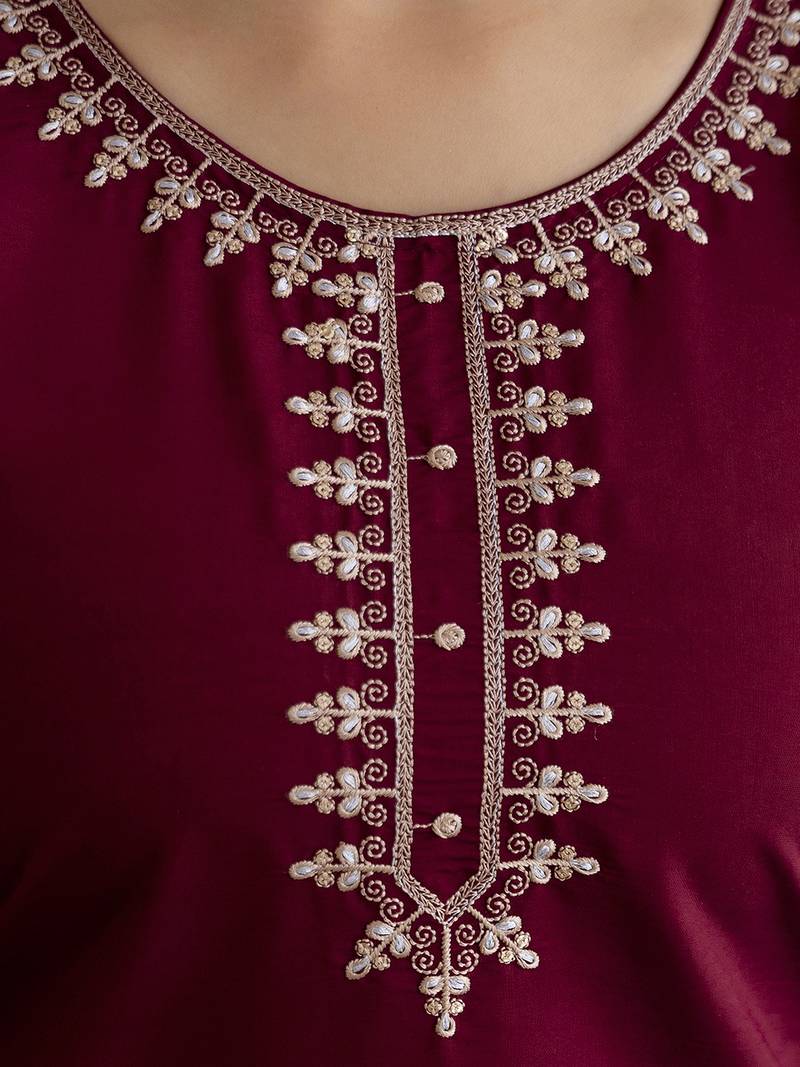 Maroon chanderi thread embroidery readymade suits