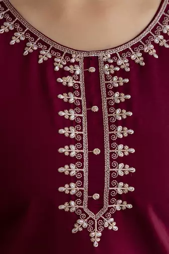 Maroon chanderi thread embroidery readymade suits