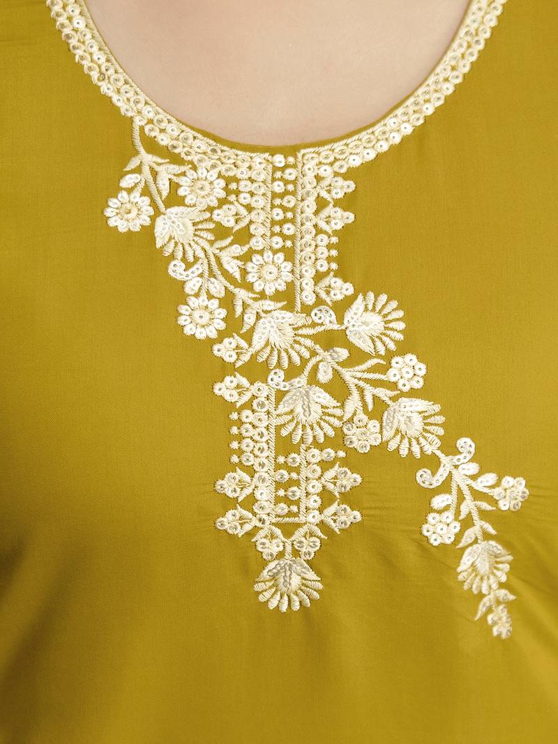 Mustard chanderi thread embroidery readymade suits