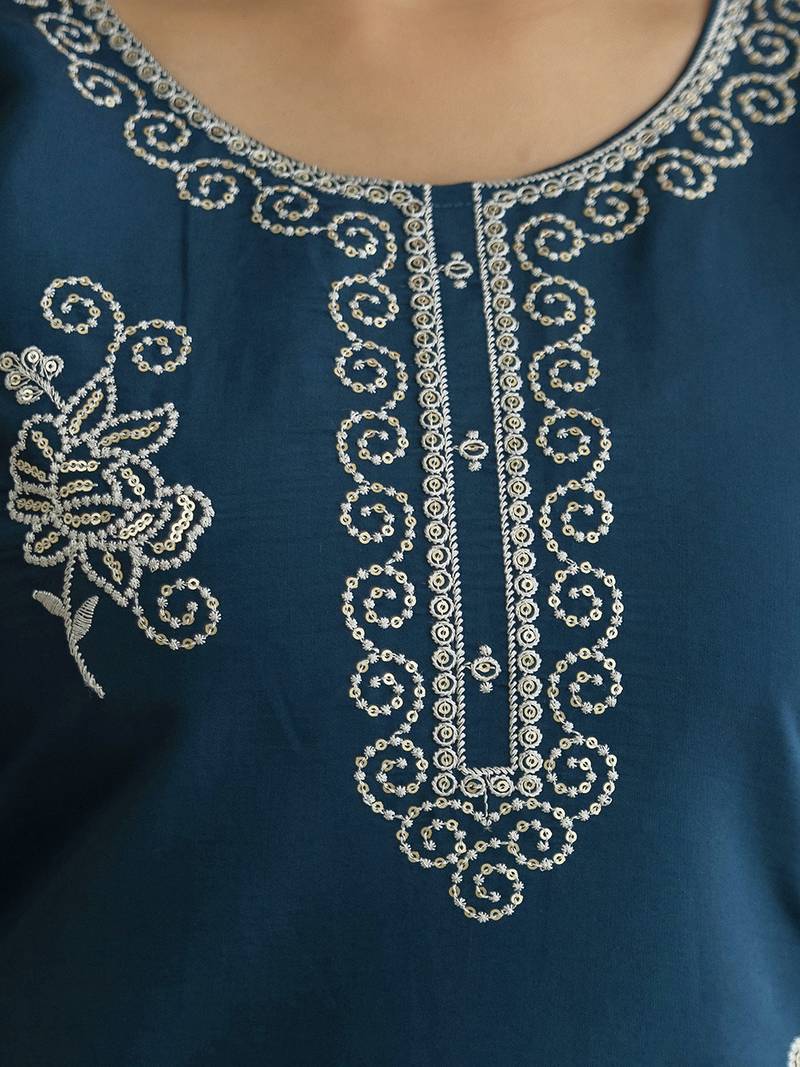Teal blue chanderi thread embroidery readymade suits
