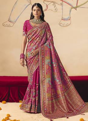 Rani pink embroidered silk blend saree 1